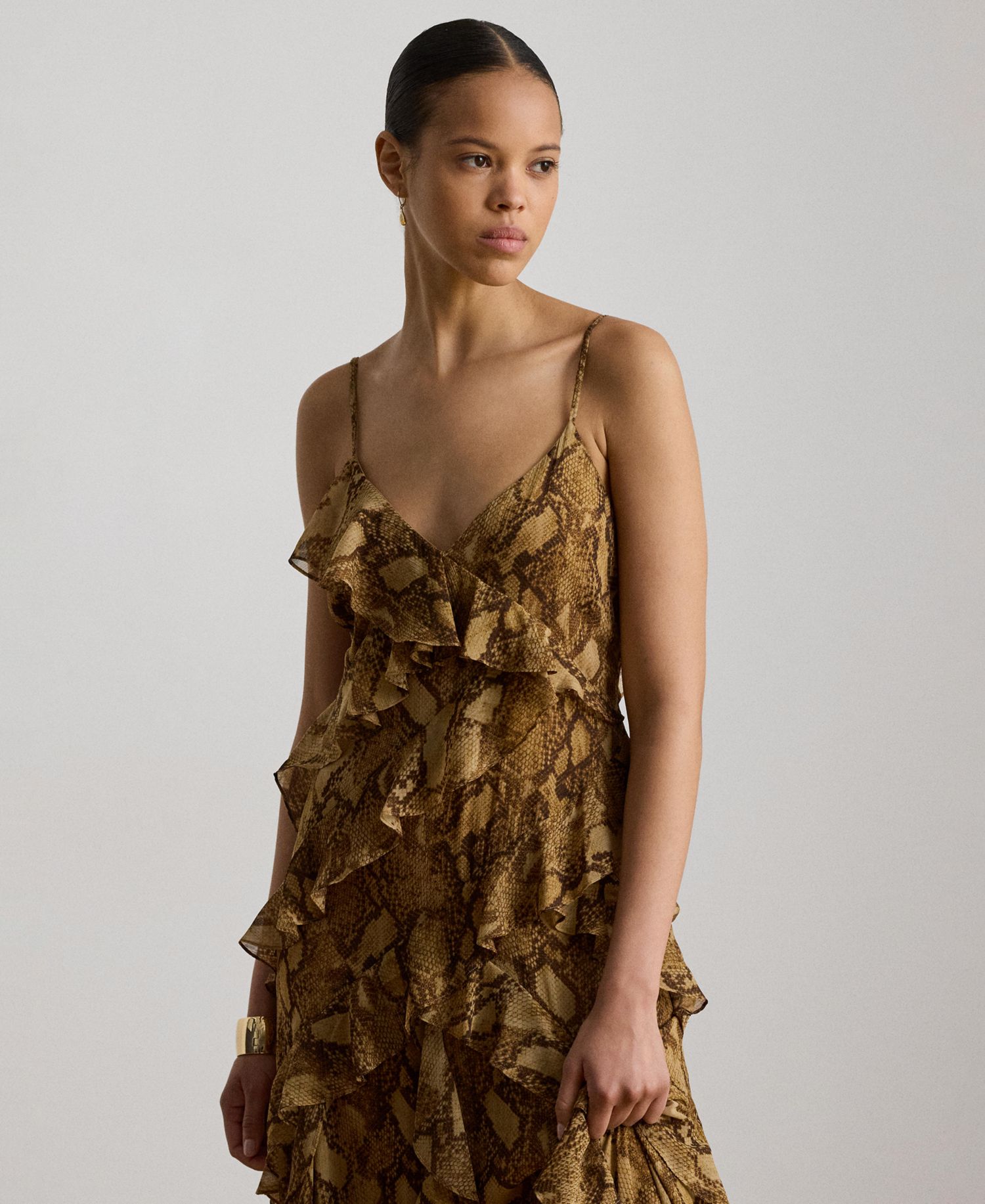 Women's Python-Print Ruffle-Trim Georgette Gown