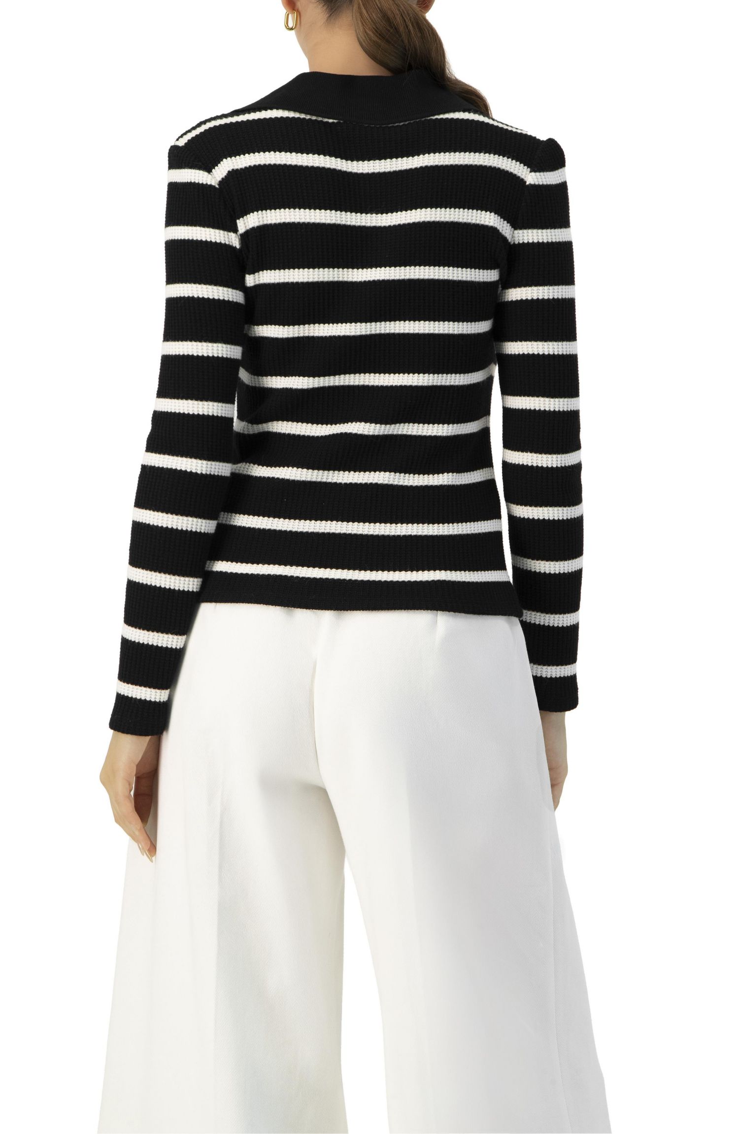 Women's Knitted Striped Long Sleeve Polo