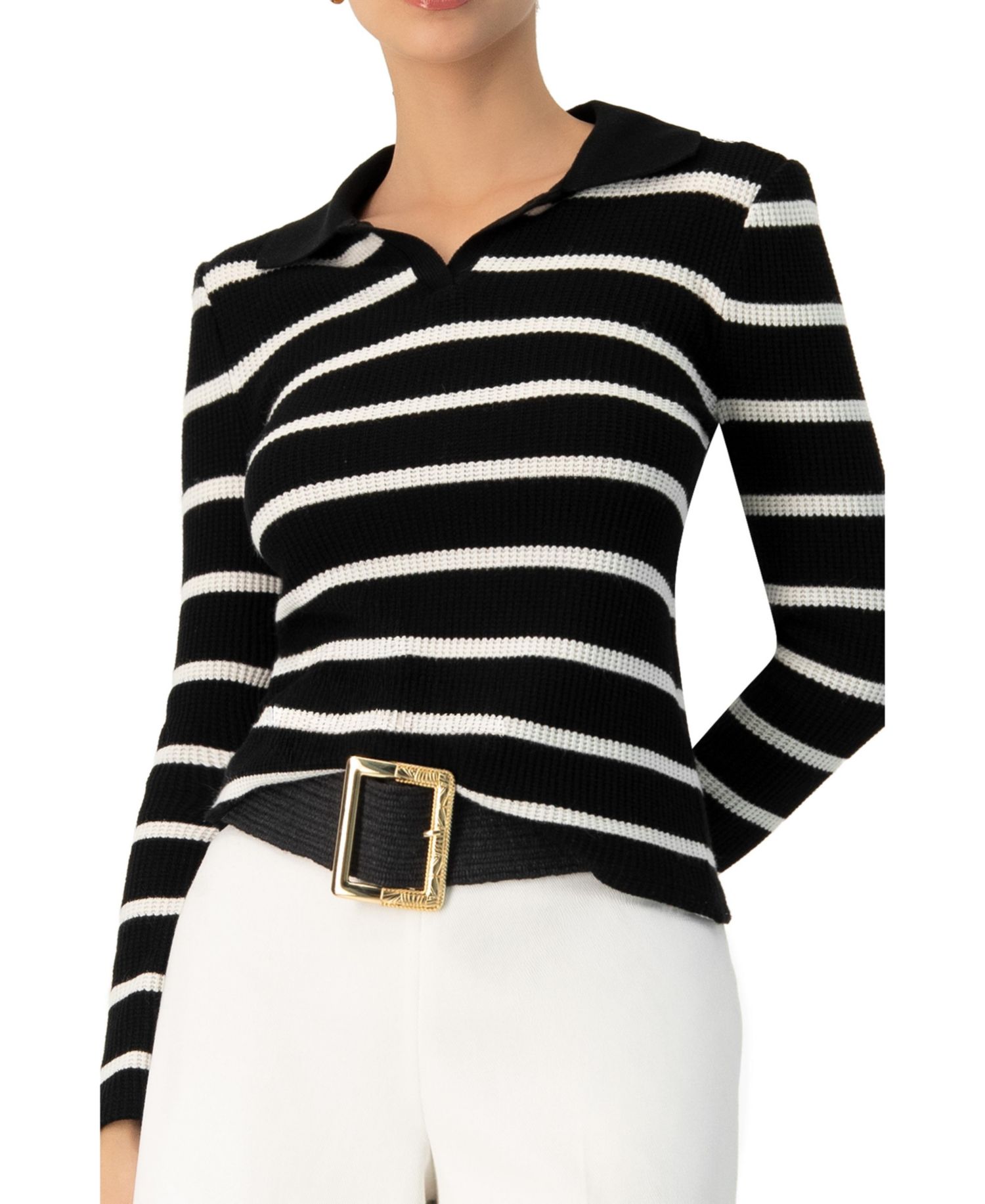 Women's Knitted Striped Long Sleeve Polo