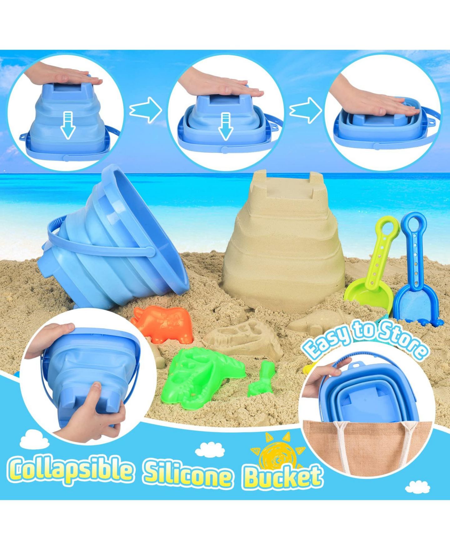 Детские игрушки GNUADZ 25-Piece Dinosaur Beach Sand Toys Set with Collapsible Bucket and Dump Truck, Ages 5-7, цвет: Зелёный — фото 2