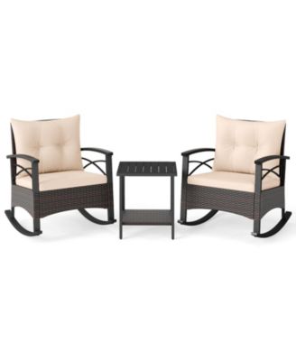 3 Piece Rocking Bistro Set PE Rattan Rocker Chairs with Acacia Wood Top Table