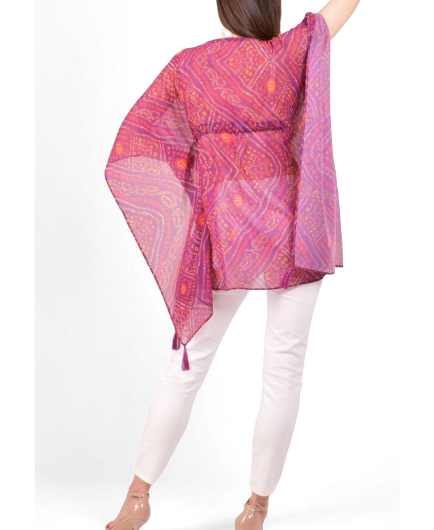 Women's Mirror Embroidered Bandhani Georgette Kaftan Top