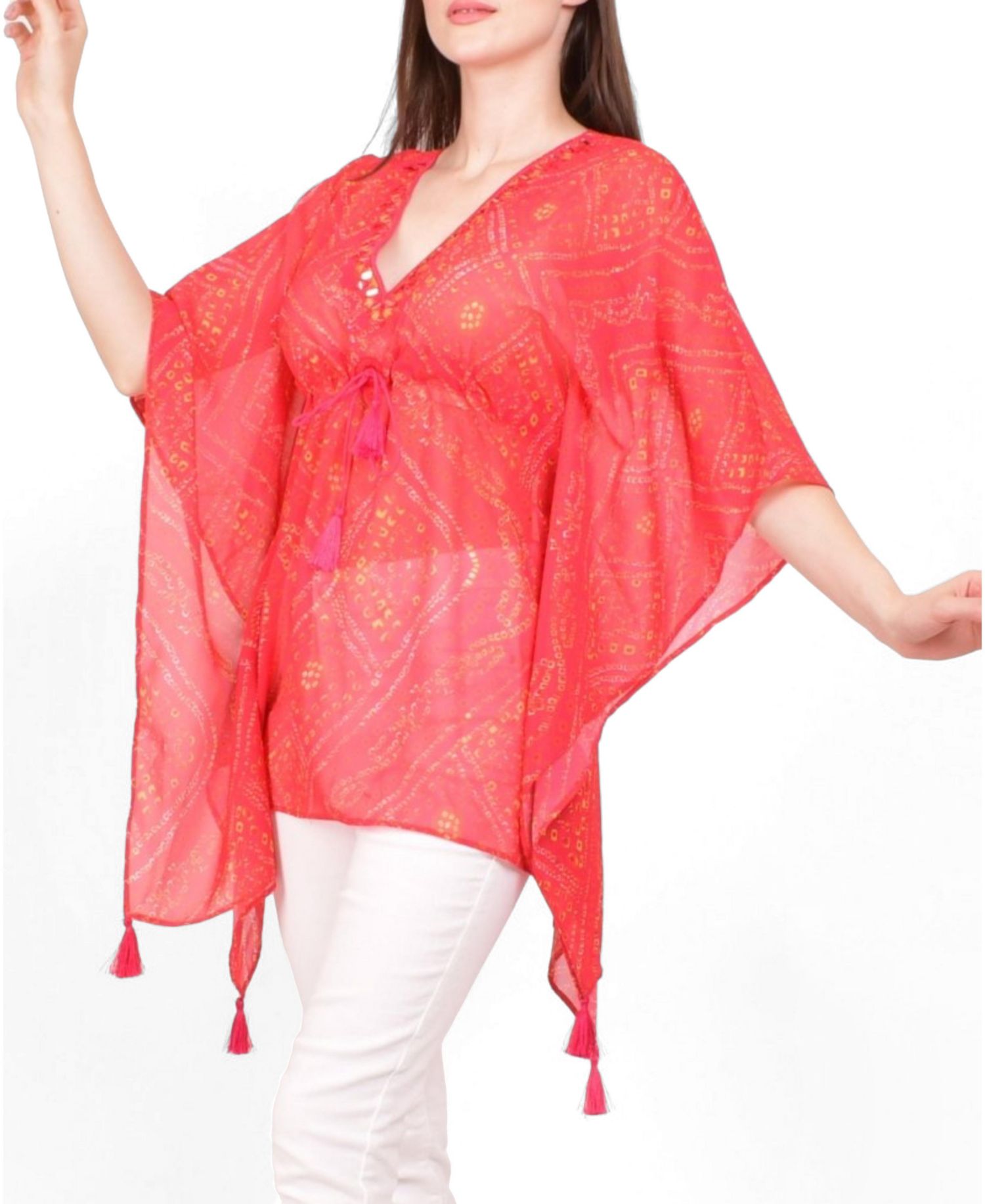 Women's Bandhani Tie-Dye Mirror Embroidered Boho Kaftan Top