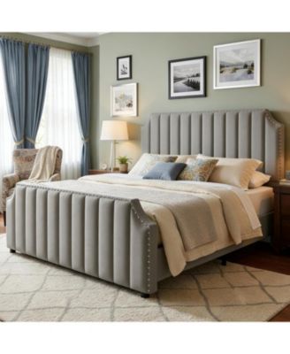 Queen Platform Bed, 52" Velvet Headboard with Nailhead Trim, Wood Slats, No Box Spring Needed