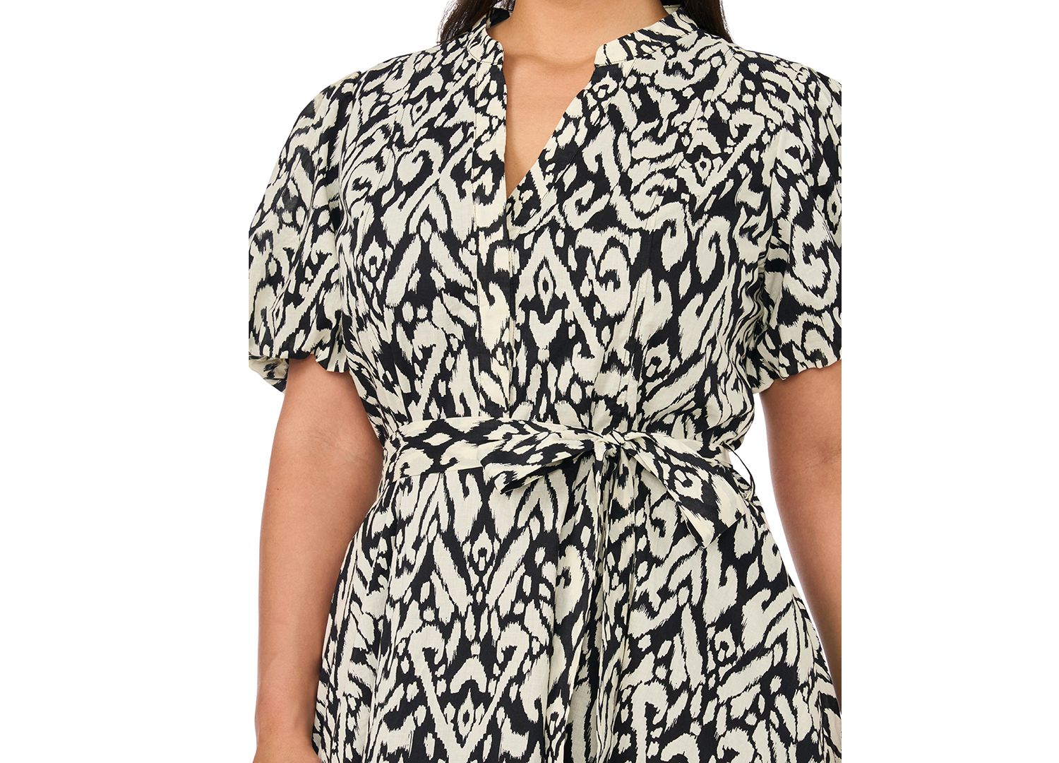 Plus Size Puff-Sleeve Belted Mini Dress