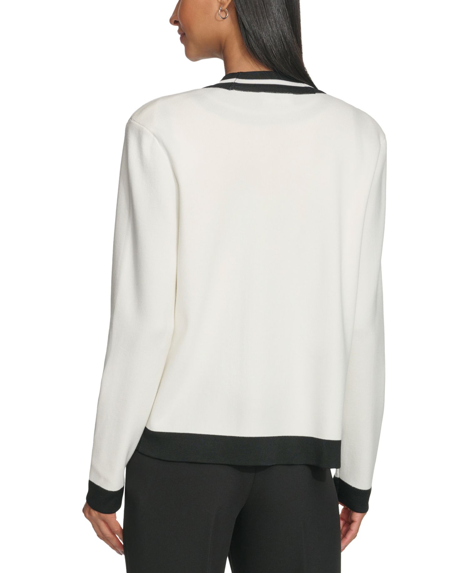 Petite Open-Front Long-Sleeve Knit Cardigan with Contrast Trim