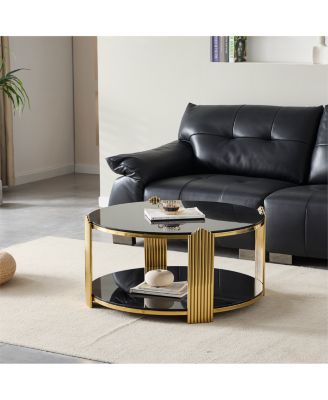 35" Modern Coffee Table, Glass & Gold Stainless Steel Living Room Table