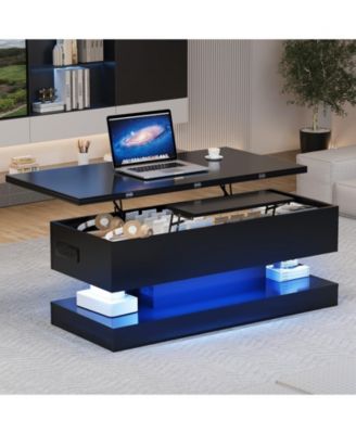 47.2 Inch Large Lift Top Coffee Table Modern High Glossy LED Storage Table with APP Control for Living Room Dining Room Home Office