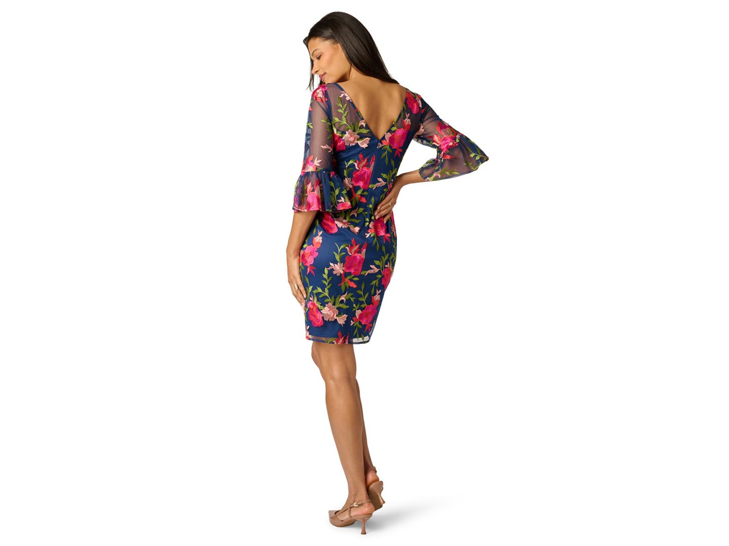 Женское платье Adrianna Papell Petite Embroidered Boat-Neck Short, цвет: Тёмно-синий / Розовый разноцветный — фото 5