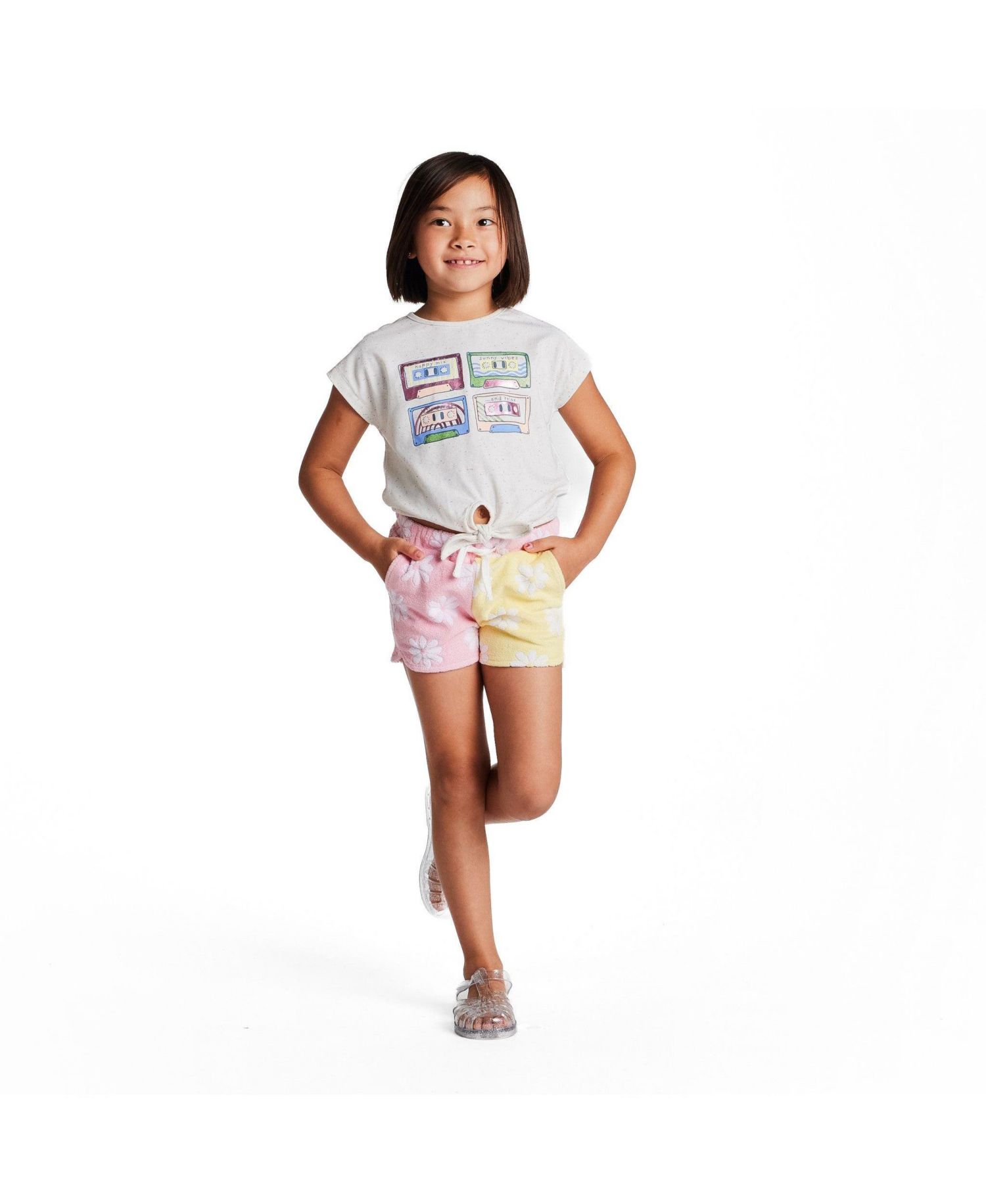 Big Girls White Cassette Tie Front Graphic Tee