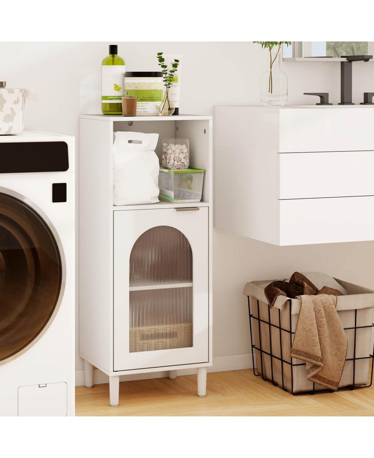 Costway Status Bathroom Floor Cabinet Wood Side Storage Organizer with Adjustable Shelf