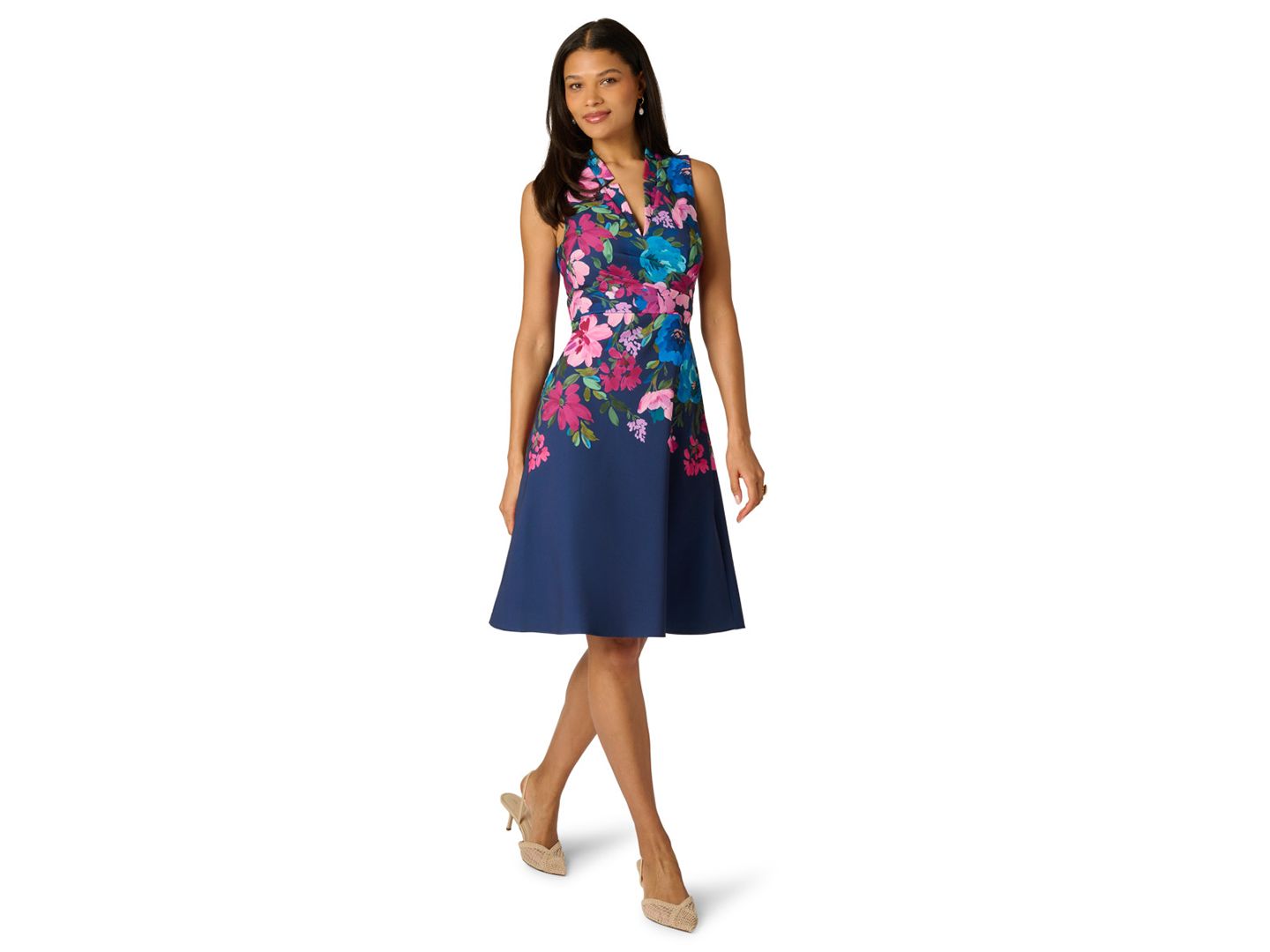 Женское платье Adrianna Papell Petite Border Floral V-Neck Midi, цвет: Тёмно-синий разноцветный — фото 2
