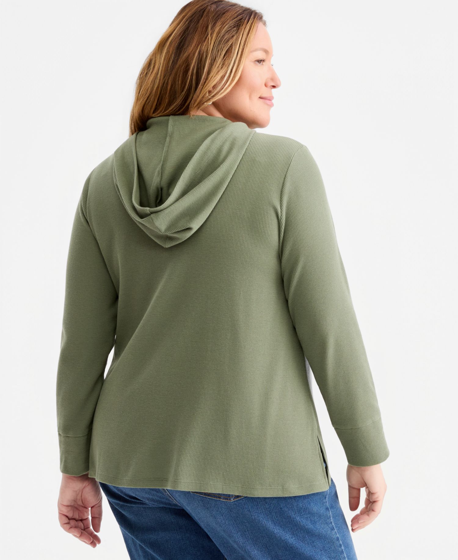 Plus Size Long-Sleeve V-Neck Waffle Hoodie