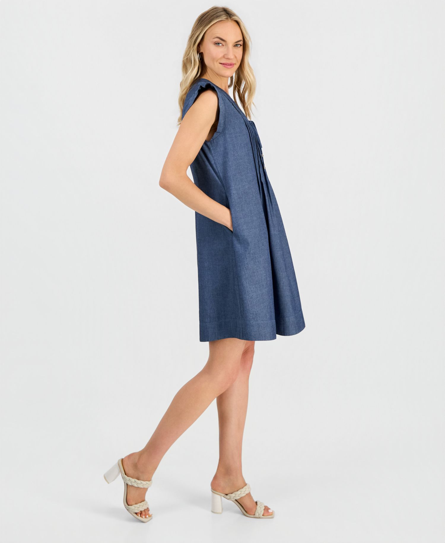 Women's V-Neck Pintuck Shift Dress