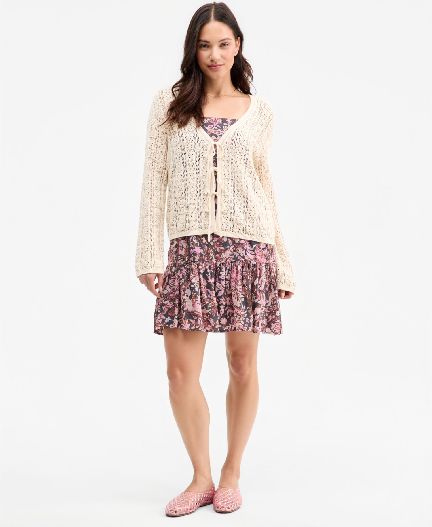 Women's Cotton Tie-Front Long-Sleeve Cardigan