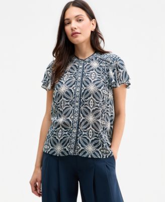 Women's Mixed-Print Button-Front Flutter-Sleeve Top