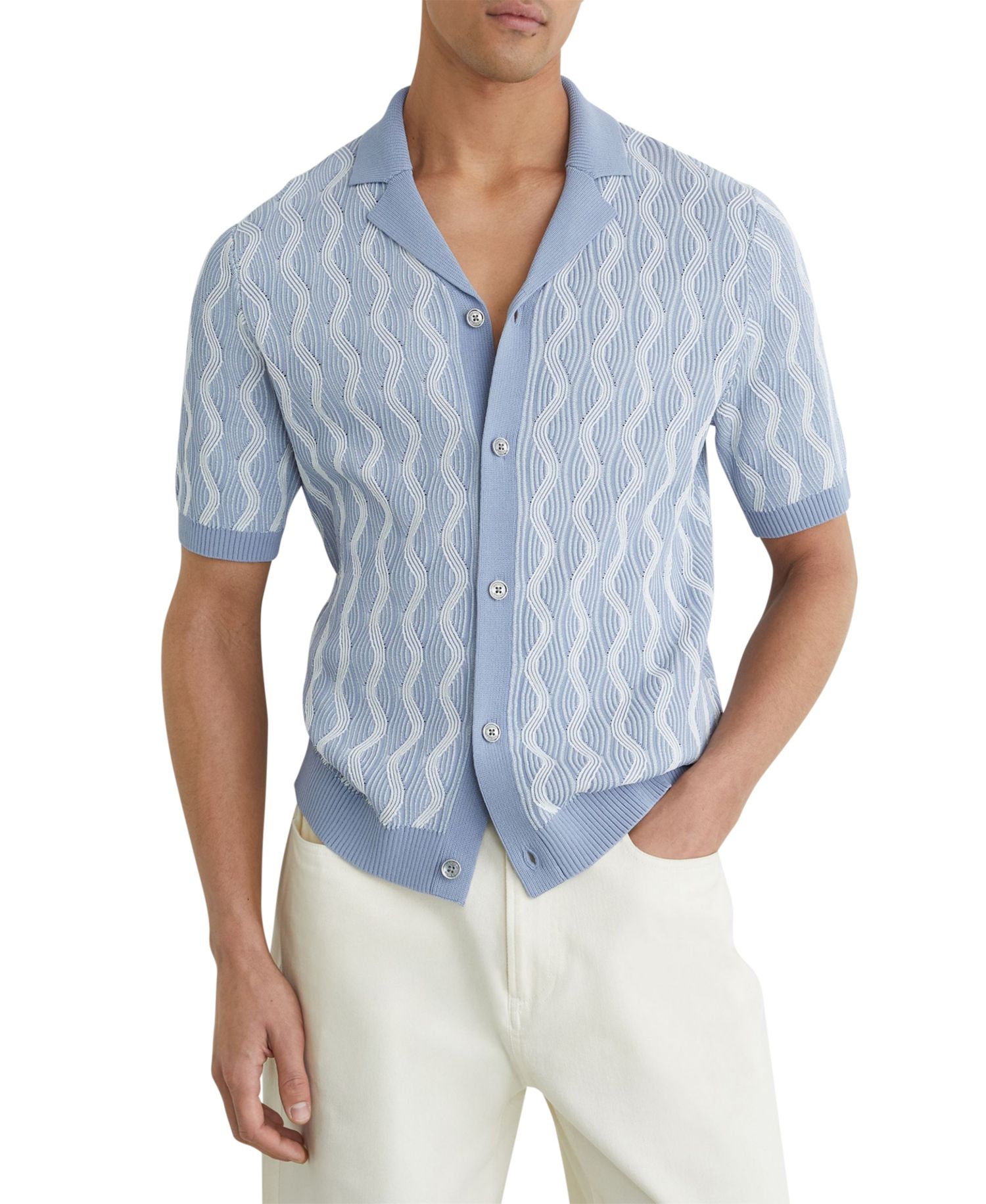 Men's Johnny Cuban Button Through Wave Stripe Shirt