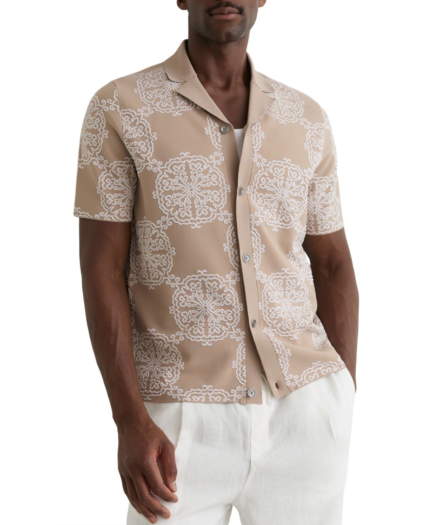 Мужская рубашка REISS Gabriel Button Through Jacquard Cuban, цвет: Шампань / Белый — фото 1