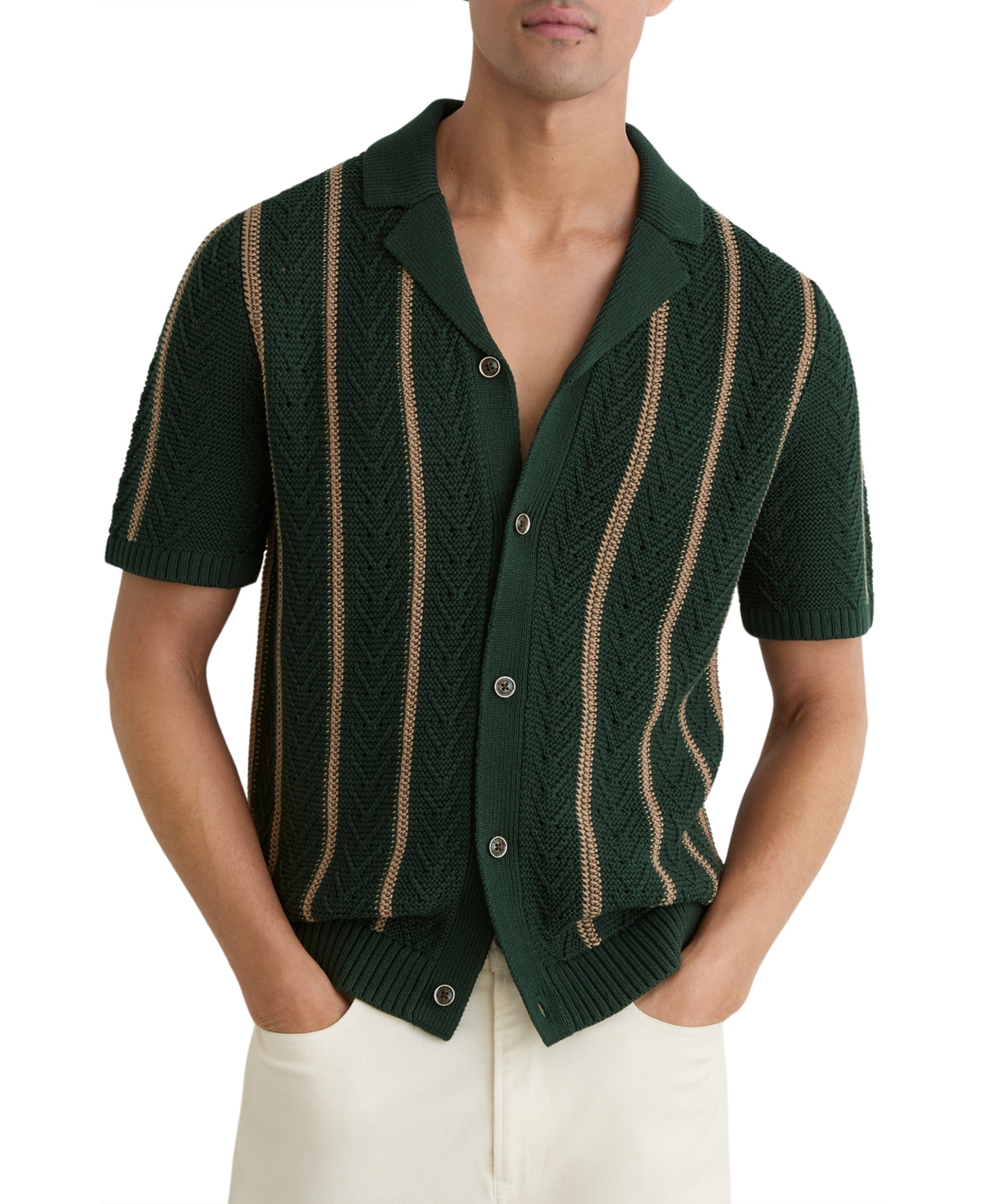 Reiss Men's Ellingham Cuban Button Through Stitch Interest Stripe Shirt