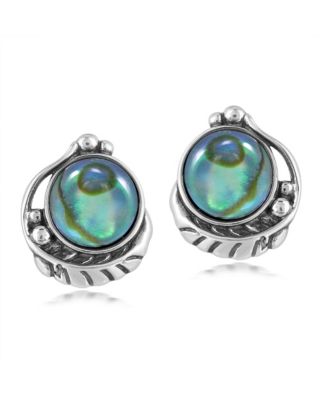 Sterling Silver Abalone Shell Leaf Design Button Earrings