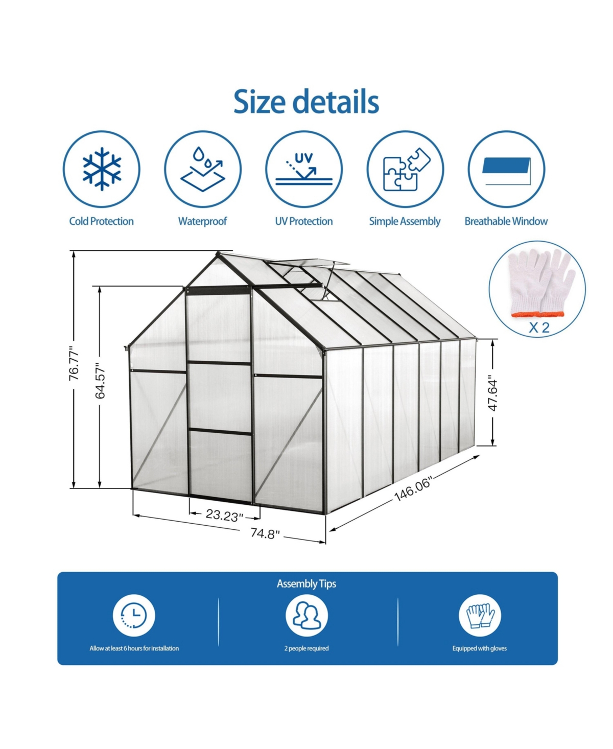 Flynama 72x144 Inch Polycarbonate Walk-In Greenhouse with Aluminum Frame and Uv Protection