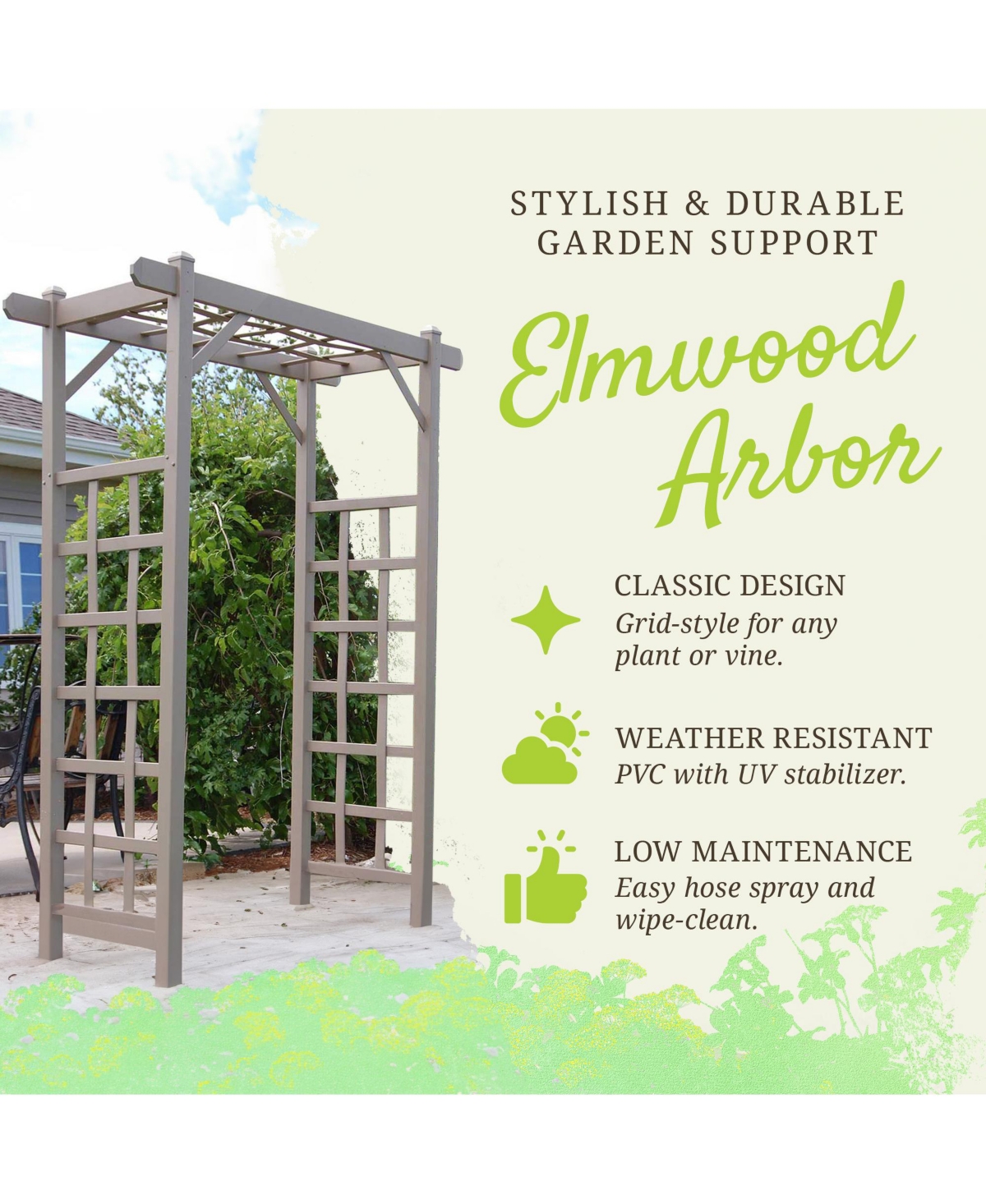 Dura-Trel Inc Elmwood Arbor 57" x 84" Pvc Outdoor Garden Arch Lattice Trellis, Mocha