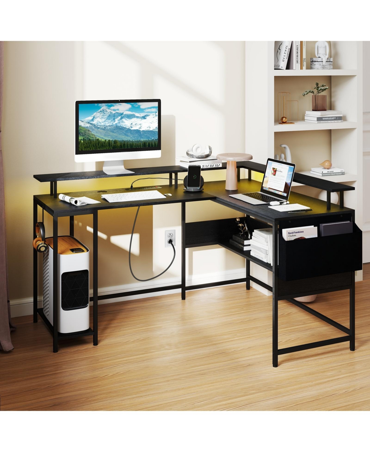 Slickblue L Shaped Computer Desk with Led Lights and Charging Ports