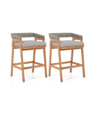 Set of 2 Patio Acacia Wood Counter Height Bar Stools with Cushions and PE Wicker Backrests Footrests