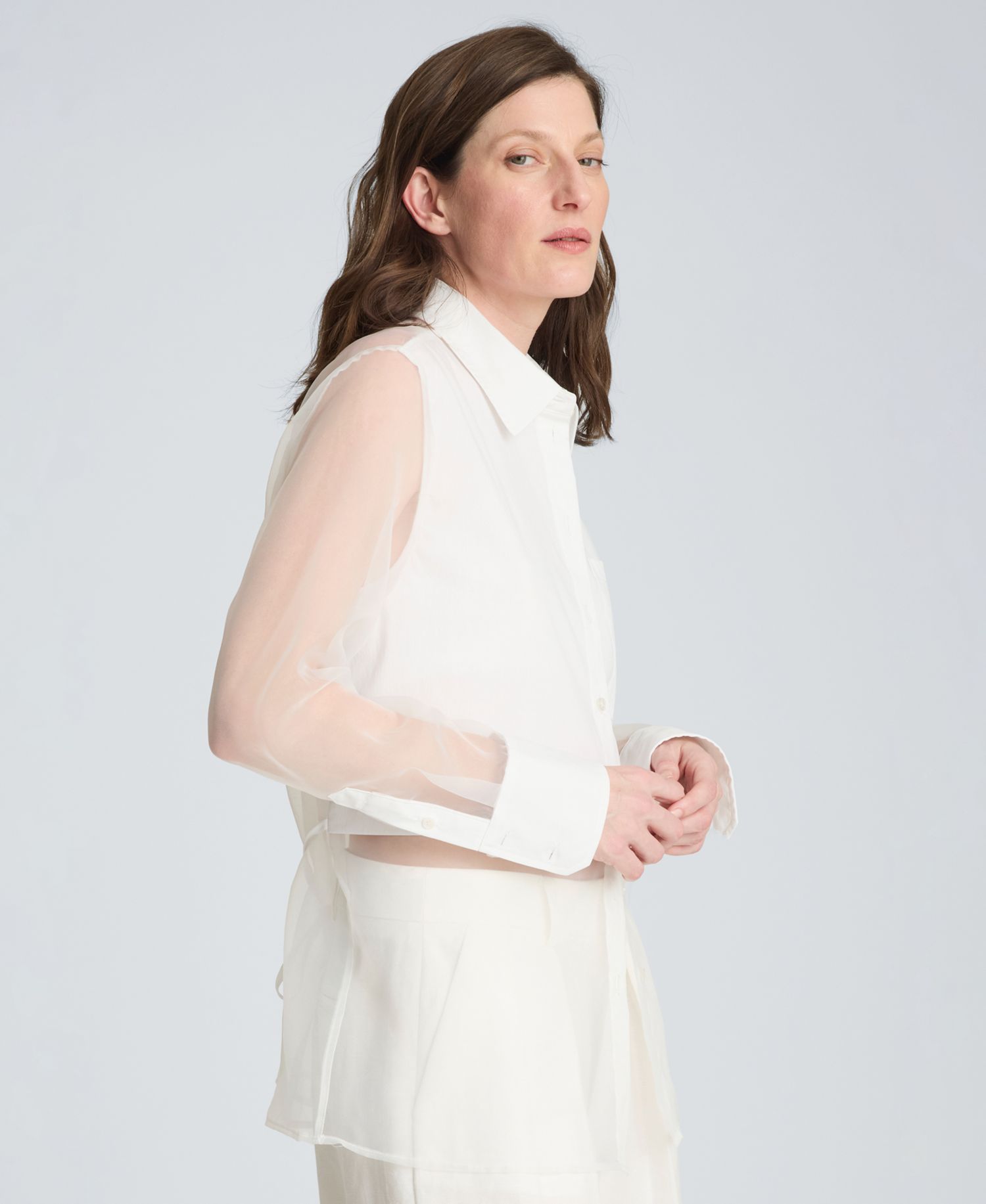 Women's Button Front Shirt with Sheer Overlay