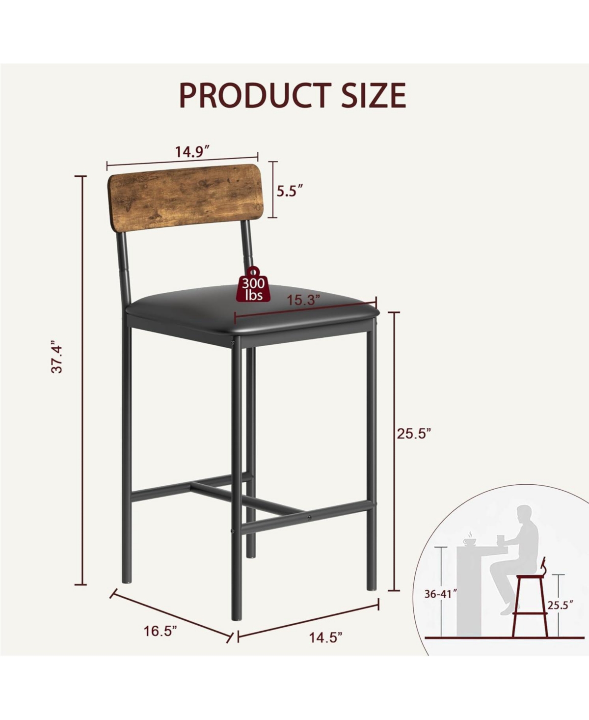 homfan Set of 4 Industrial Counter Height Bar Stools, 300 lbs Load Bearing, Easy Assembly