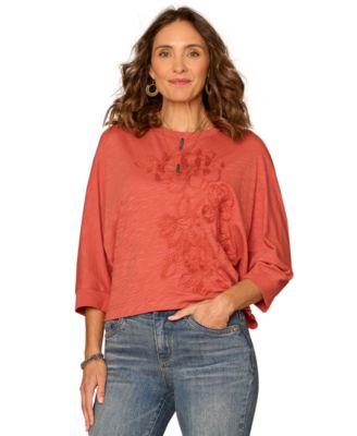 Petite Scoop Neck Embroidered Knit Top