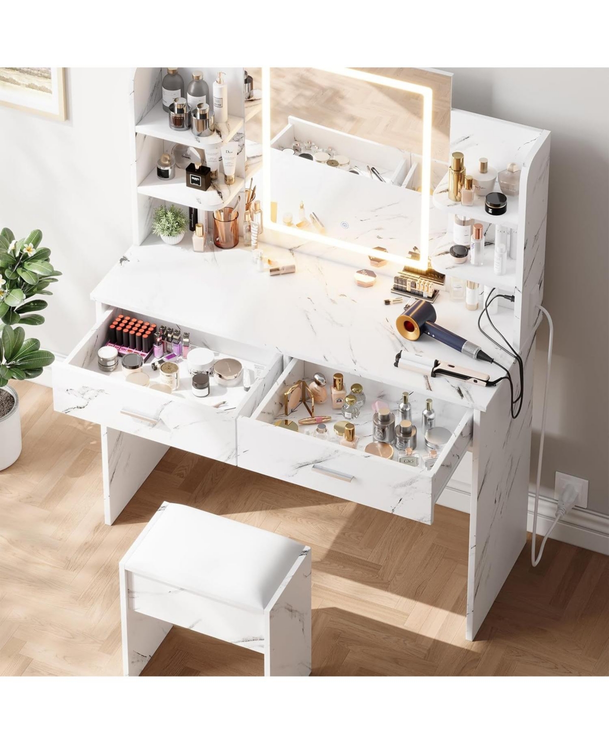 gaomon Makeup Vanity Desk with Led Mirror, 2 Drawers, Power Outlet & Cushioned Stool, 3 Light Modes