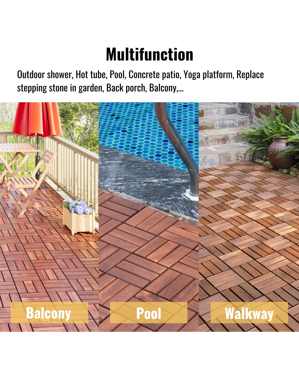Mondawe 12-inch x 12-inch Acacia Wood Checker Pattern Interlocking Deck Tiles