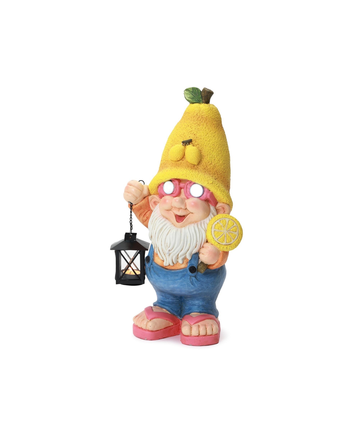 LuxenHome 18" Solar Powered Garden Gnome Outdoor Statue with Lantern, Lemon Hat Gnome Sculpture for Lawn, Garden