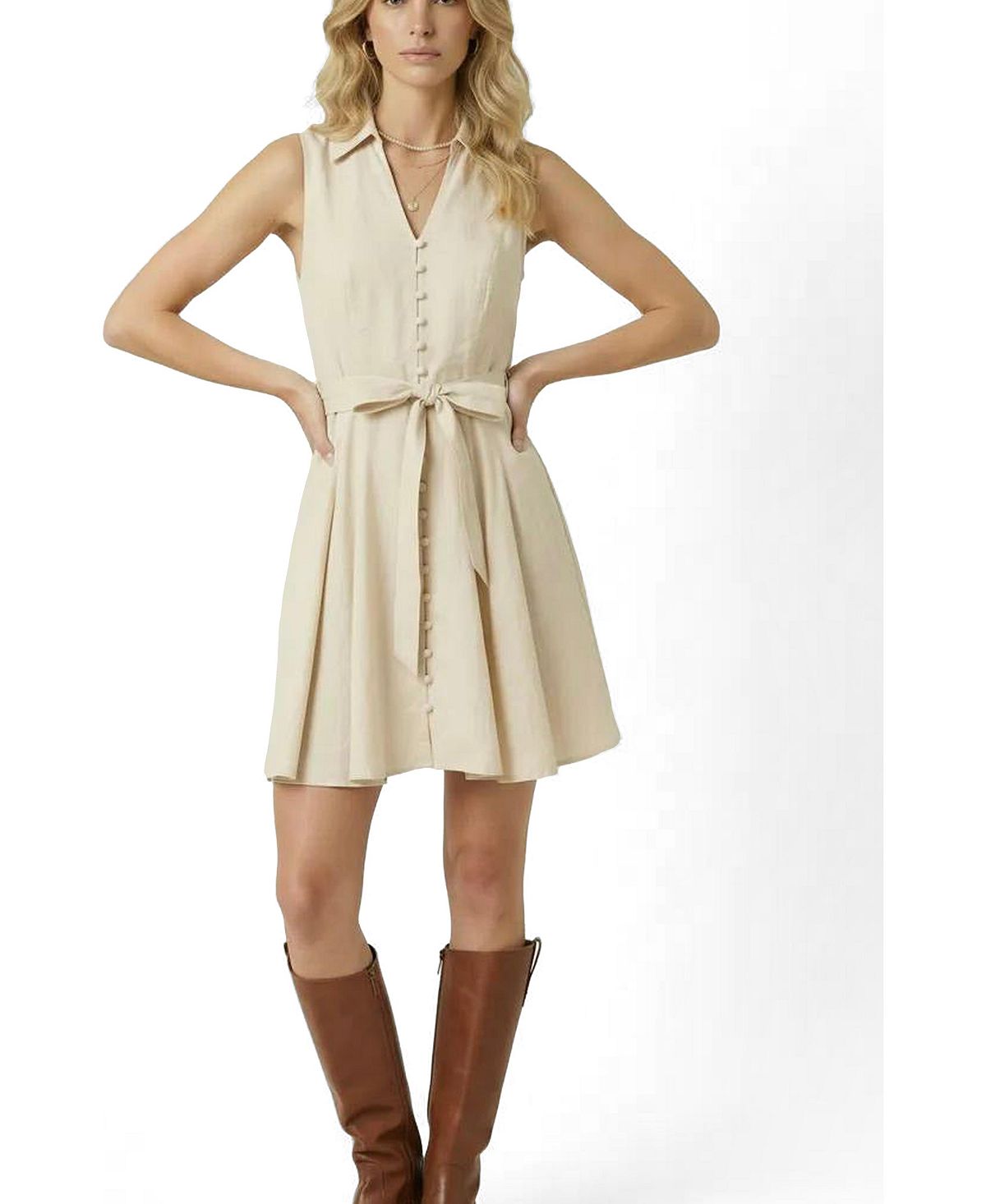Modenaire Women's Sleeveless Fit-And-Flare Shirt Dress view 3 — MAYCSS fashion products