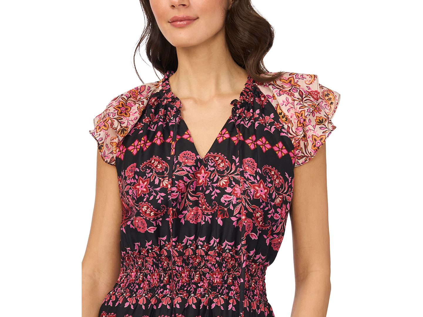 Женское платье CeCe Tie-Neck Smocked Waist Printed, цвет: Насыщенный чёрный — фото 4