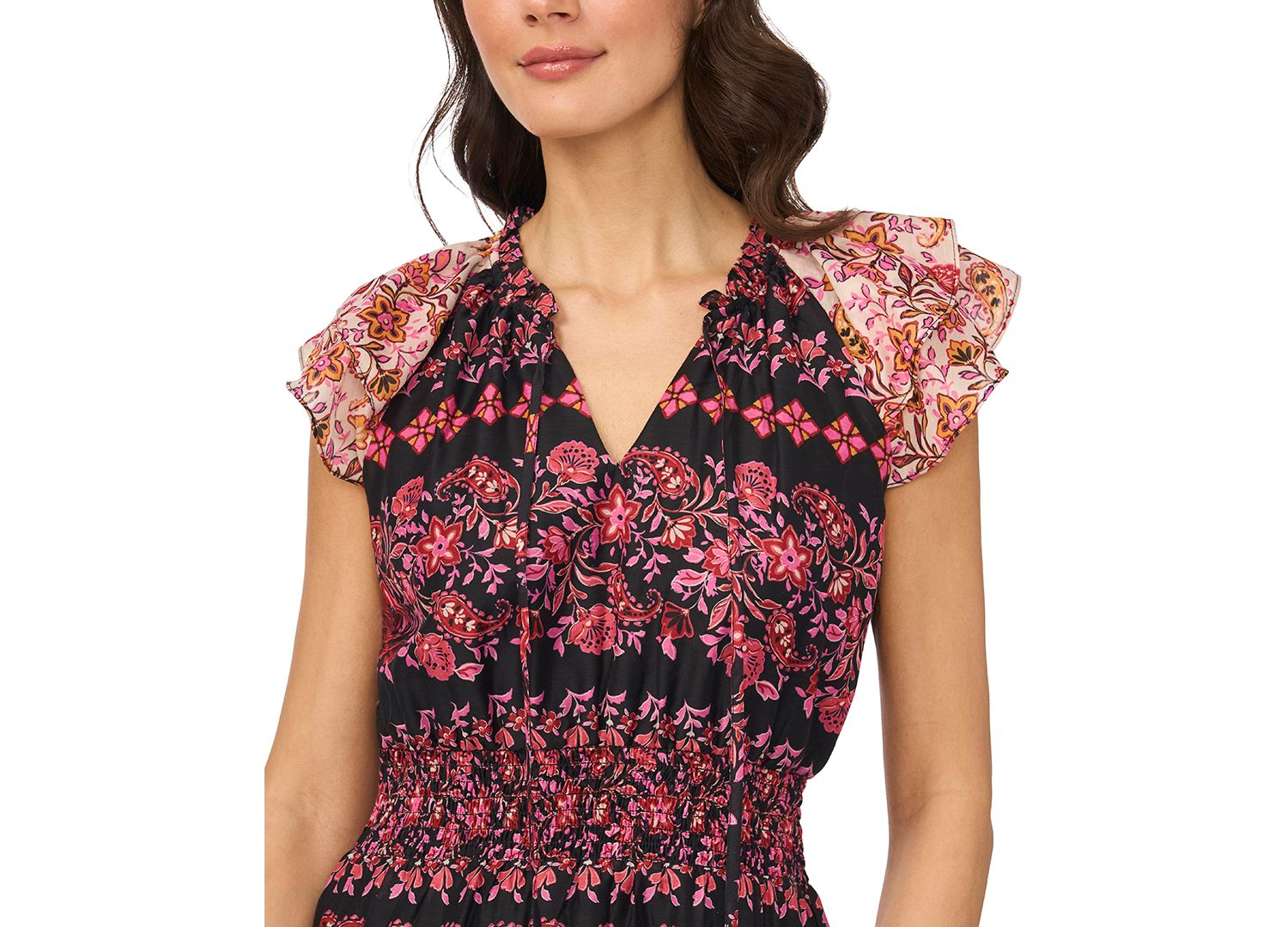 Women's Tie-Neck Smocked Waist Printed Dress