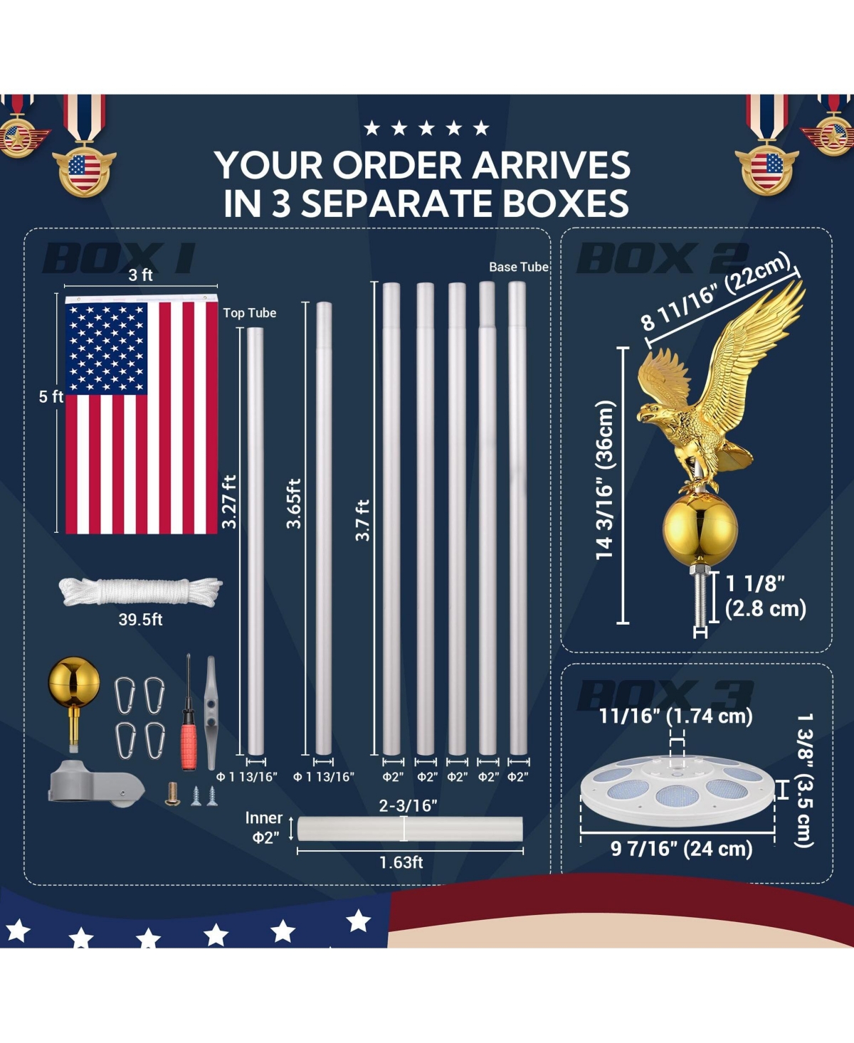 Yescom Bravery 25ft 13 Gauge Sectional Flag Pole Kit with Solar Powered Light, Us Flag, Gold Eagle Topper