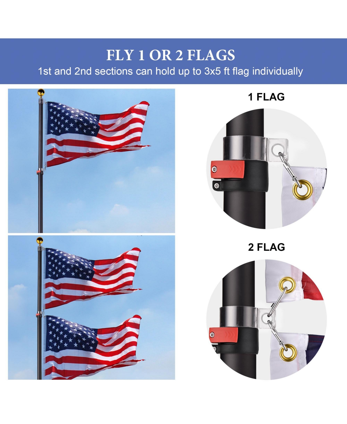Yescom Ez Go 20Ft Telescopic Flag Pole Kit with Solar Light & Tire Mount Base for Tailgate Outside