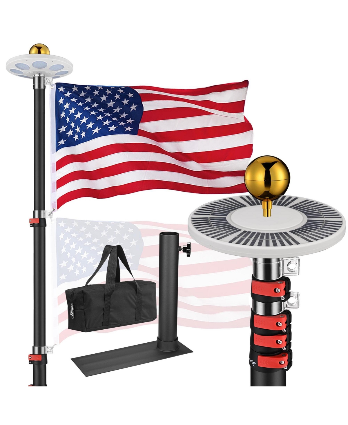 Yescom Ez Go 25Ft Telescopic Flag Pole Kit with Solar Light & Tire Mount Base for Tailgate Outside - Natrual