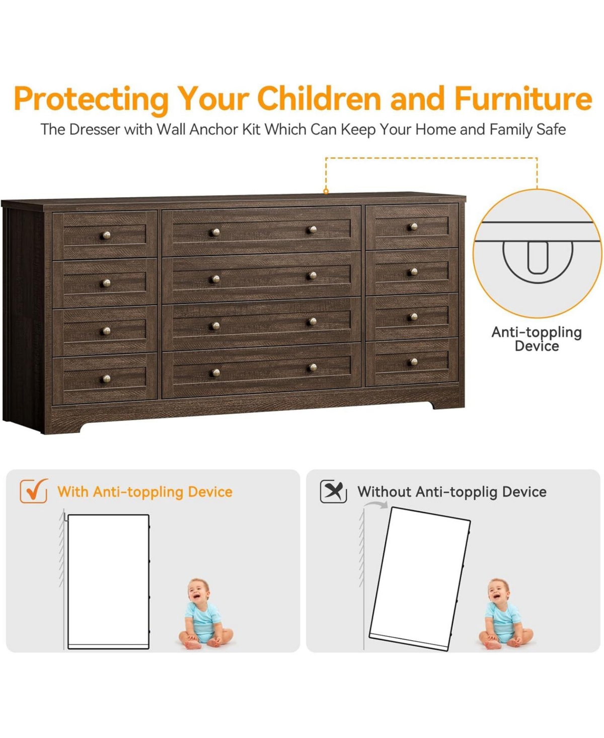 gaomon Wood Dressers for Bedroom with 12 Drawers, 63" Long Wooden Dresser for Living Room, Hallway, 16" Wide Tv Stand Dresser for 65 Inch Tv