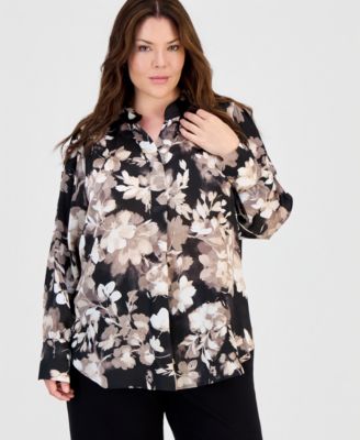 Plus Size Band-Collar Popover Blouse