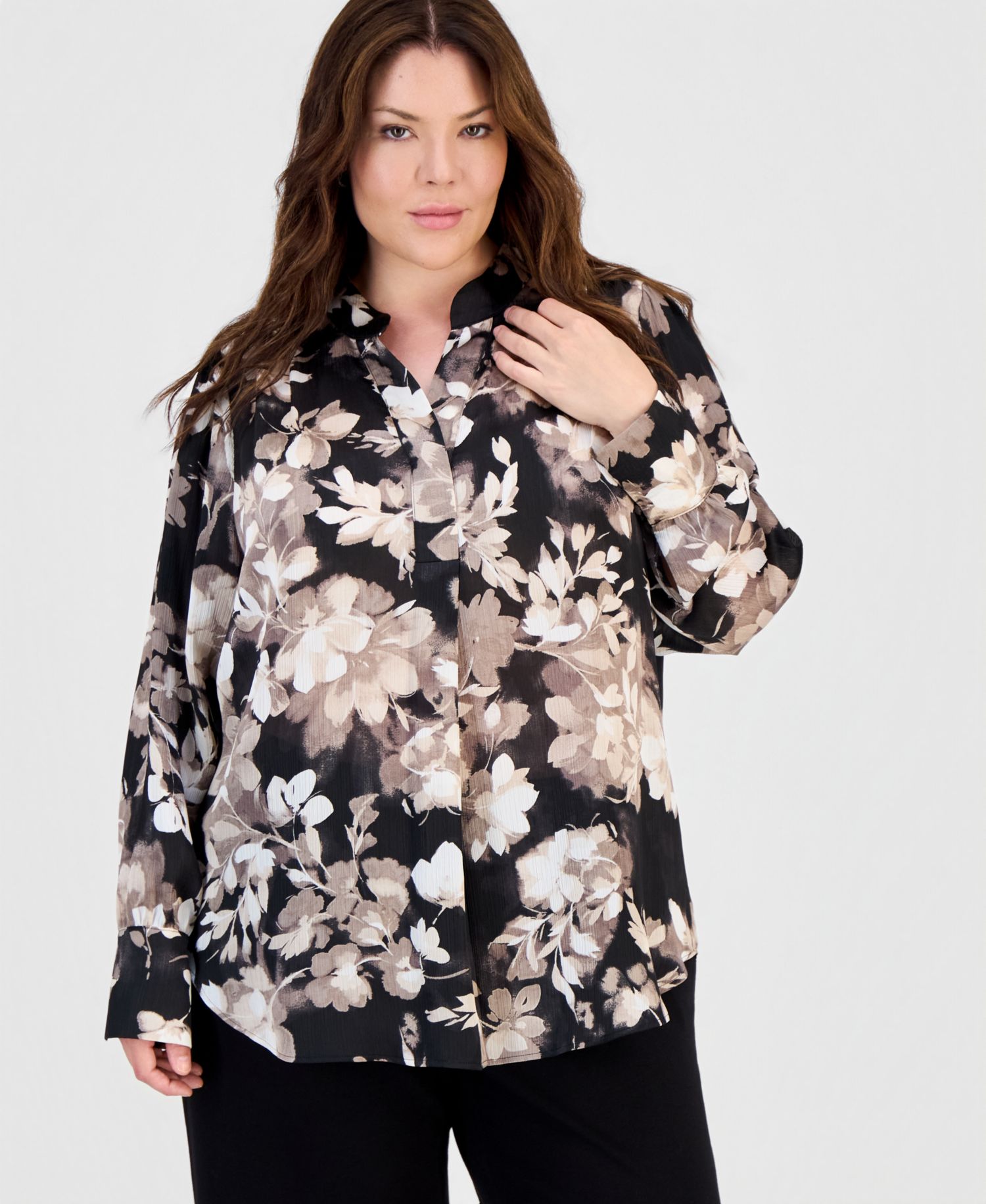Plus Size Band-Collar Popover Blouse