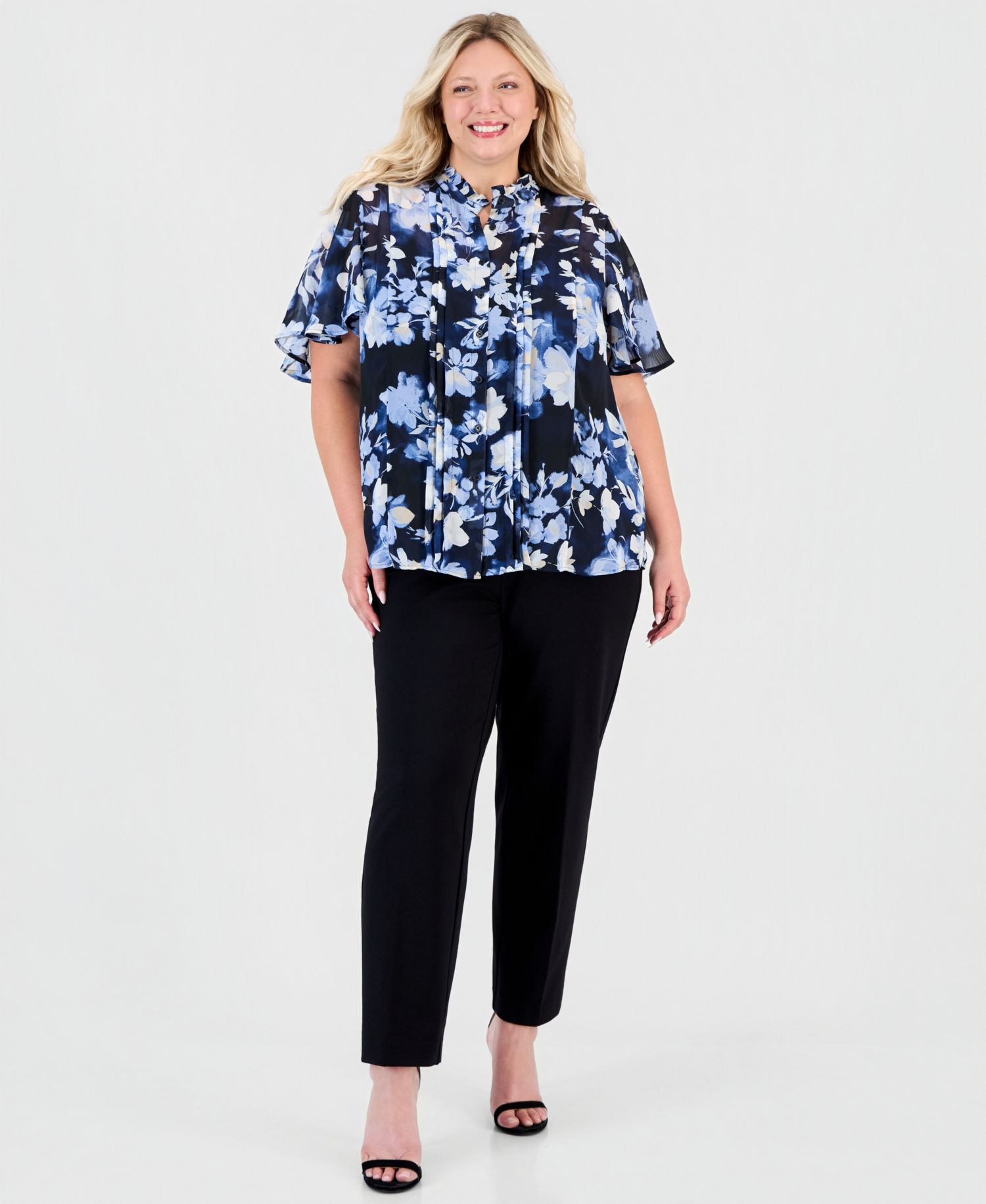 Plus Size Pleated-Placket Flutter-Sleeve Blouse