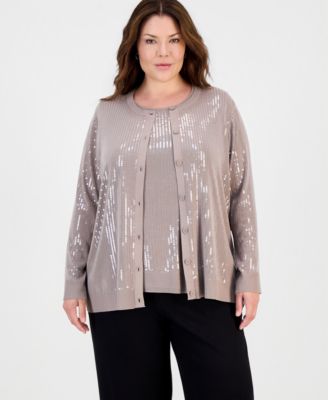 Plus Size Sequin-Front Crewneck Cardigan