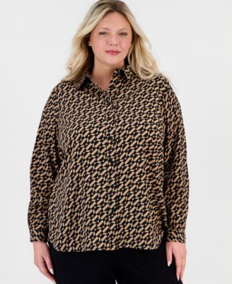 Plus Size Geometric-Print Long-Sleeve Shirt