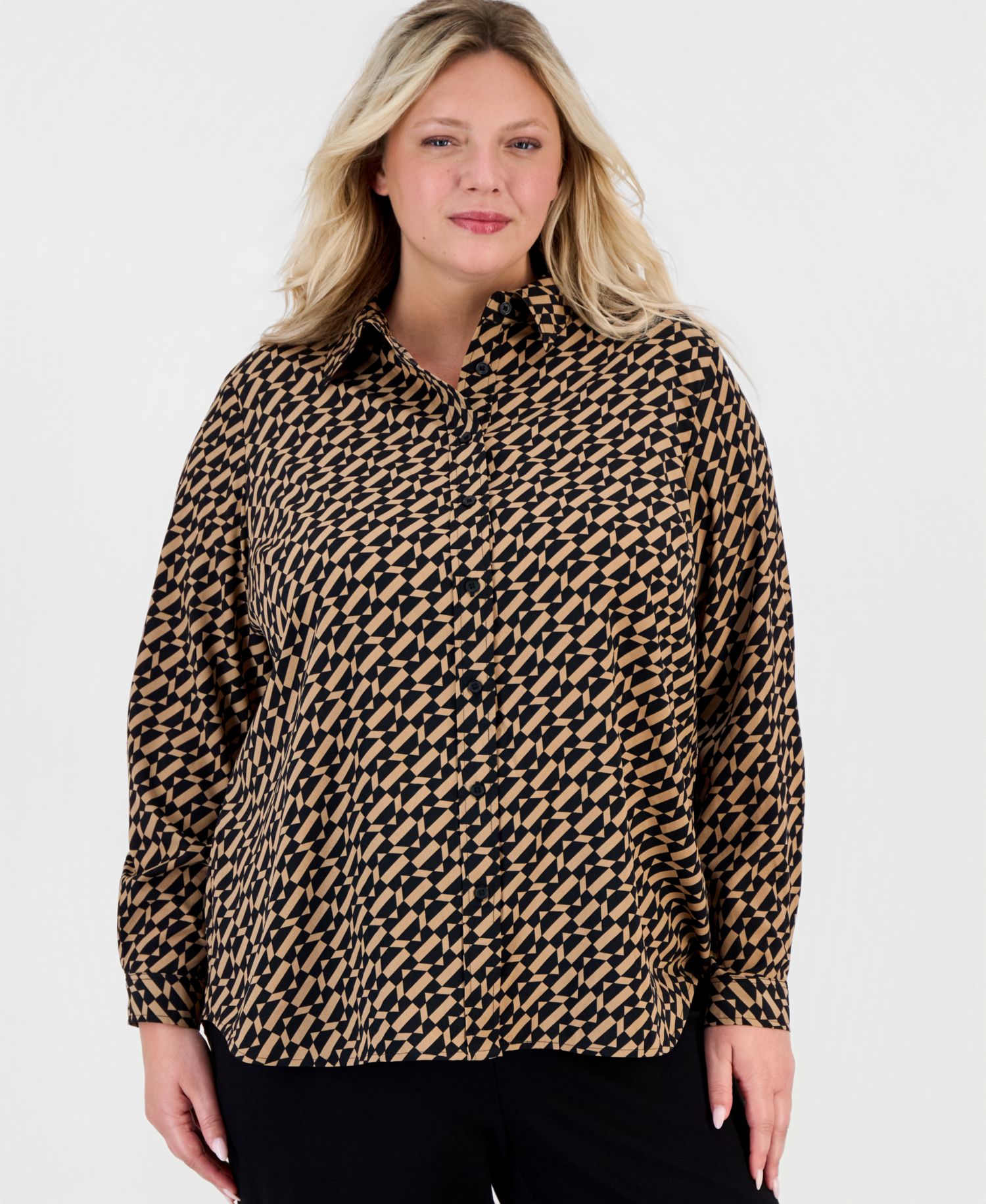 Plus Size Geometric-Print Long-Sleeve Shirt