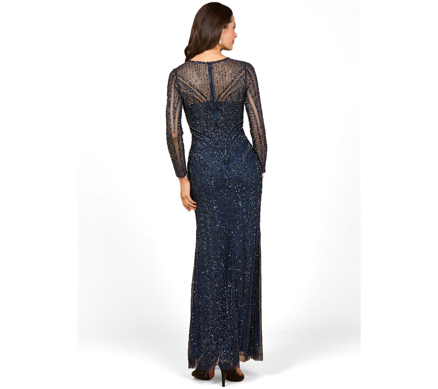Women's Illusion Neck, Long Sleeve Beaded Gown