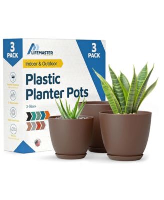 Durable, weatherproof, ideal for indoor/outdoor use, stackable plant pots with drainage holes and saucers, 3-pack (7", 6.7", 6")