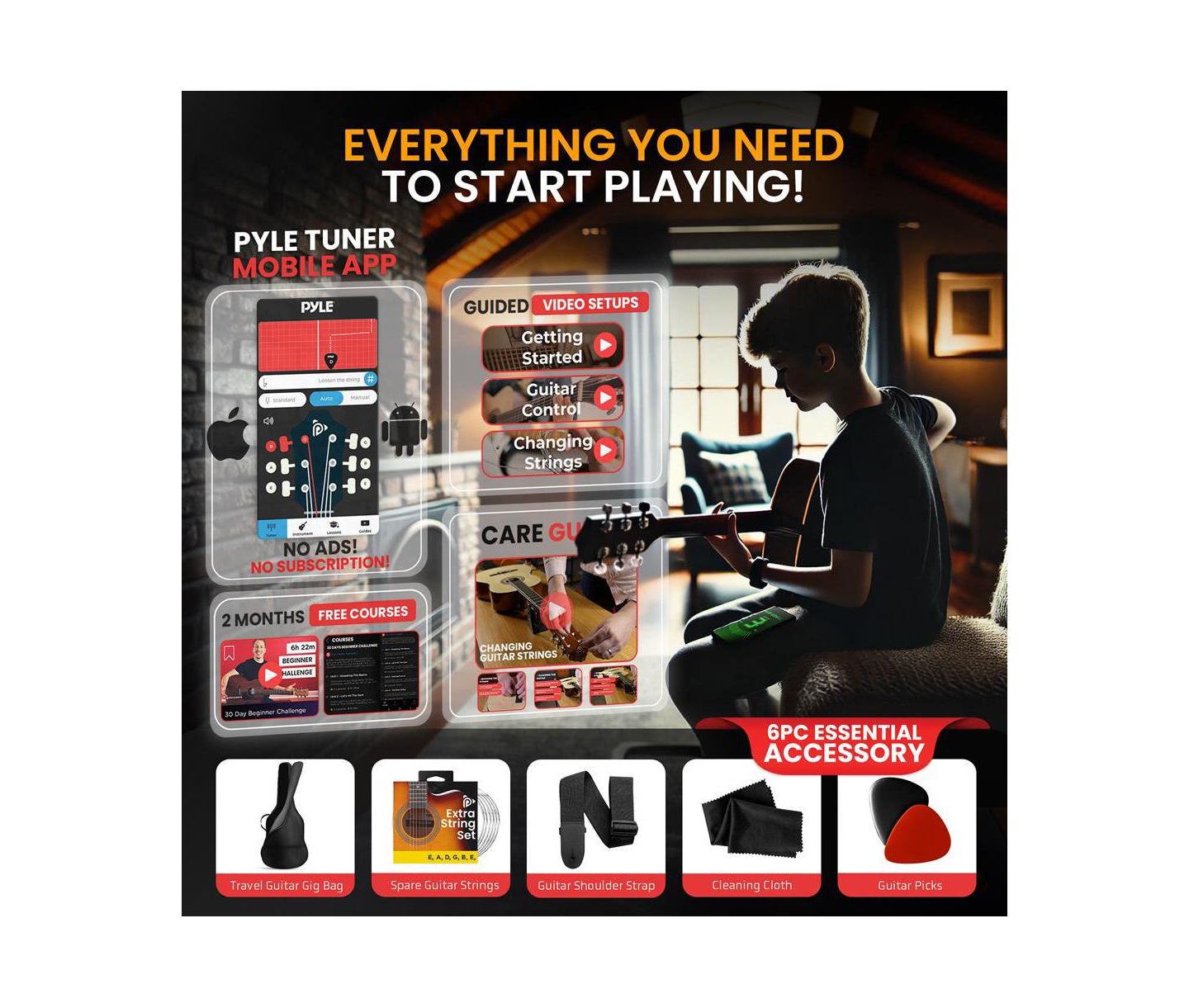 Детские игрушки Pyle 41 inch Full-Size Acoustic Guitar Kit, Cutaway Body with Digital Tuner and Accessory Kit, цвет: Коричневый — фото 3
